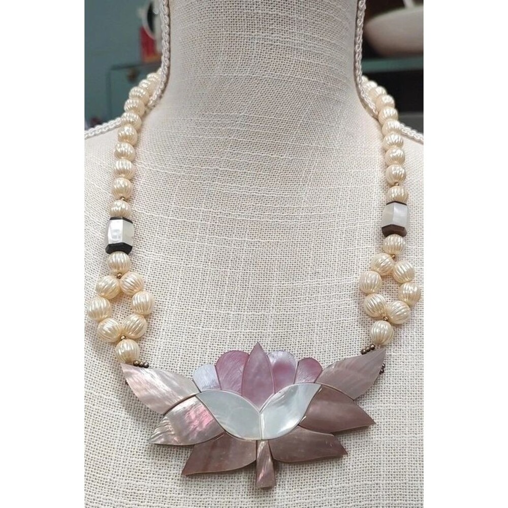 Vintage Statement Mother-of-Pearl & Faux Pearl Floral- Lotus Necklace